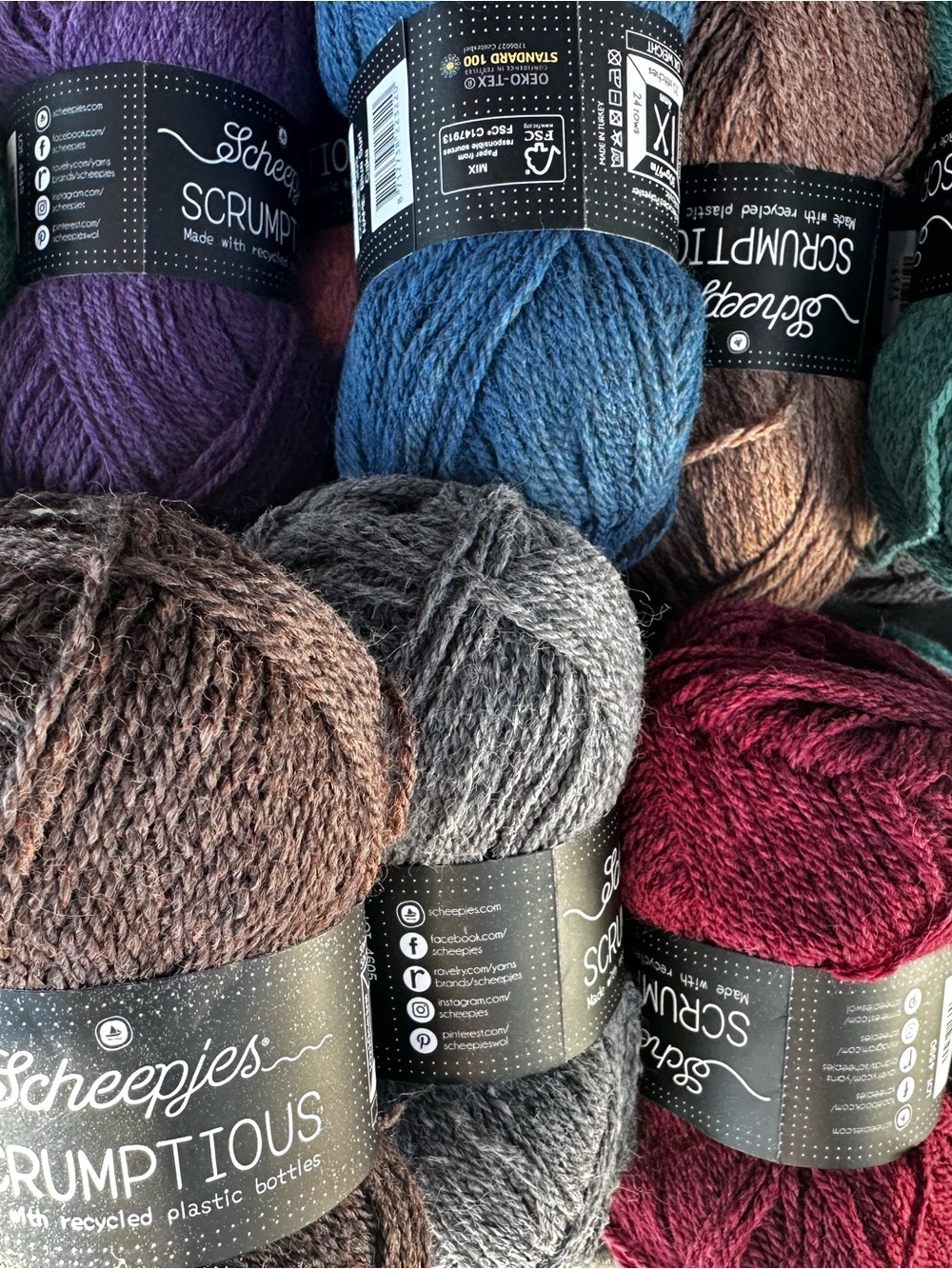 55 Scheepjes Scrumptious Yarn Bundle — Gray, Blue, Purple, Brown, Teal, Burgundy